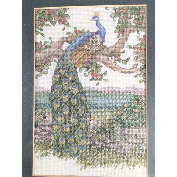 Vintage cross stitch wall art peacock in apple tree framed and behind glass, - Picture 2 of 10